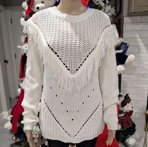 Forever 21 Fringed White Sweater Open Knit Pullover Top Size S.